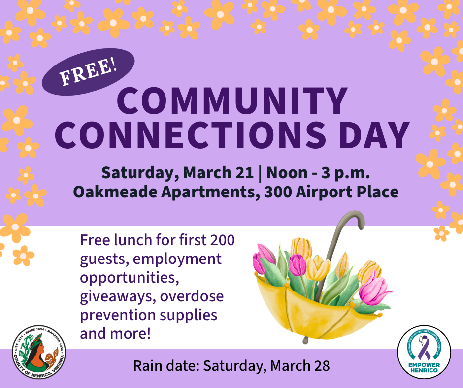 Community Connections Day, Saturday March 21, noon - 3pm at 300 Airport Place. Free event.